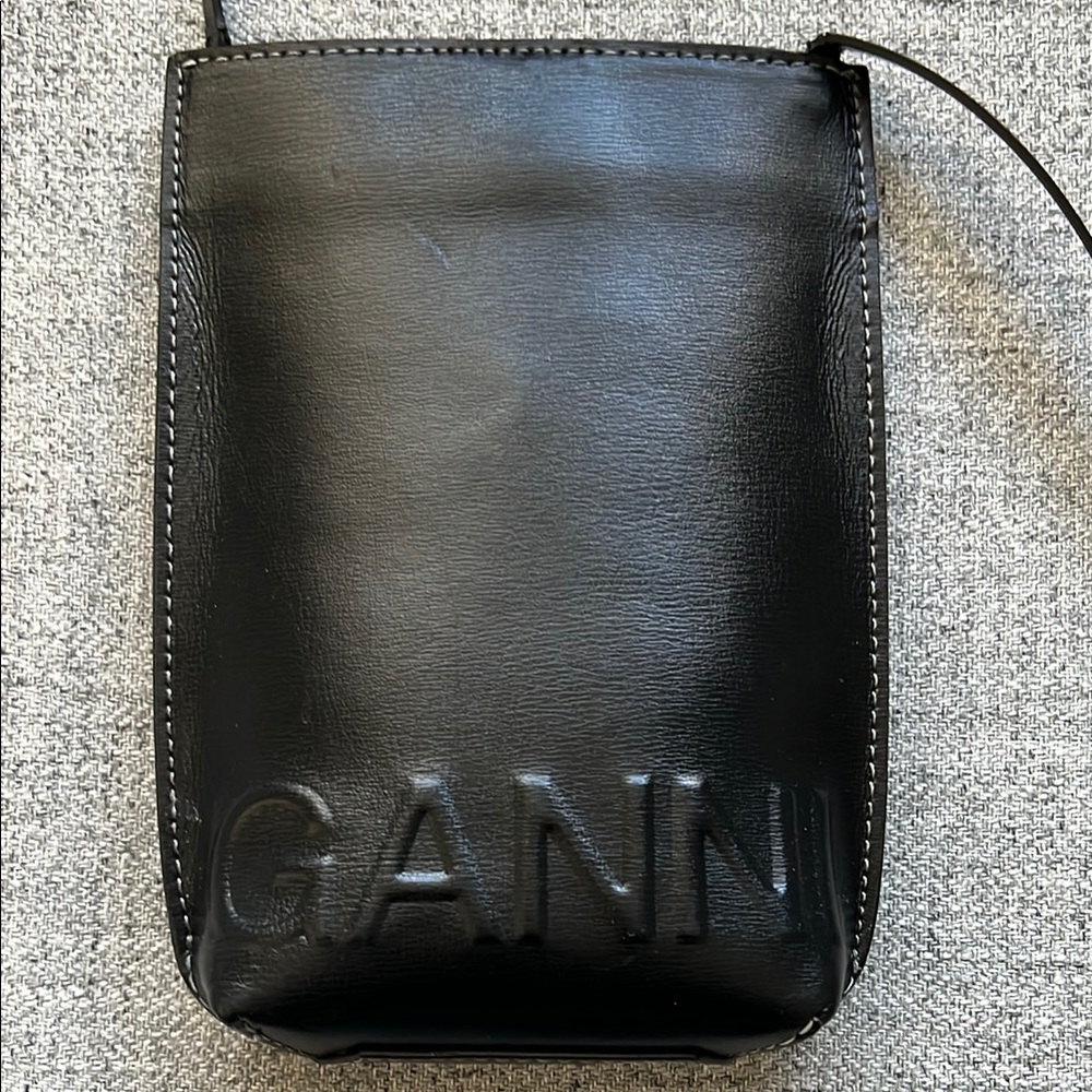 GANNI Black Recycled Leather Phone Bag with Crossbody Strap - Picture 2 of 15